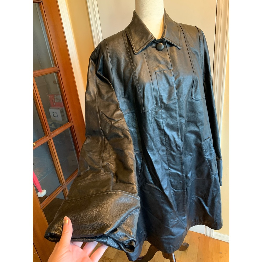 Vintage Black Leather Dress/Trench Coat by Spiegel - Picture 2 of 8